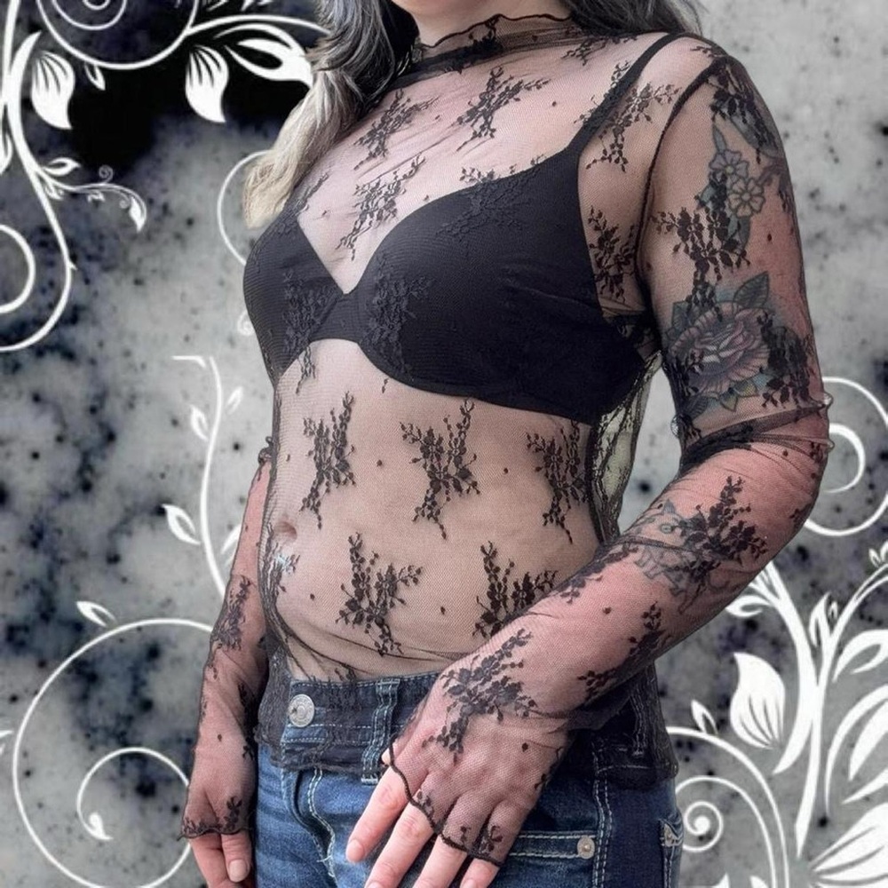 japanese brand floral mesh lace long sleeve layering top - fashion, fits like sm